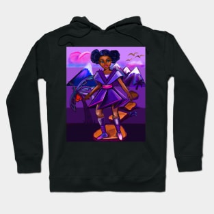 Anime girl with two puffs. Black afro anime girl in purple space fantasy scene ! beautiful  black girl with Braided hair, blue eyes, Cherry pink lips and dark brown skin. Hair love ! Hoodie